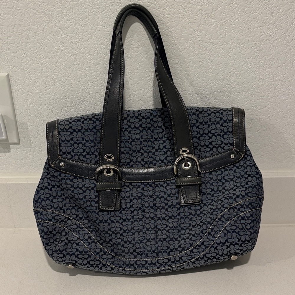 Coach Navy Signature Canvas Tote with Black Leather Trim - Picture 3 of 3